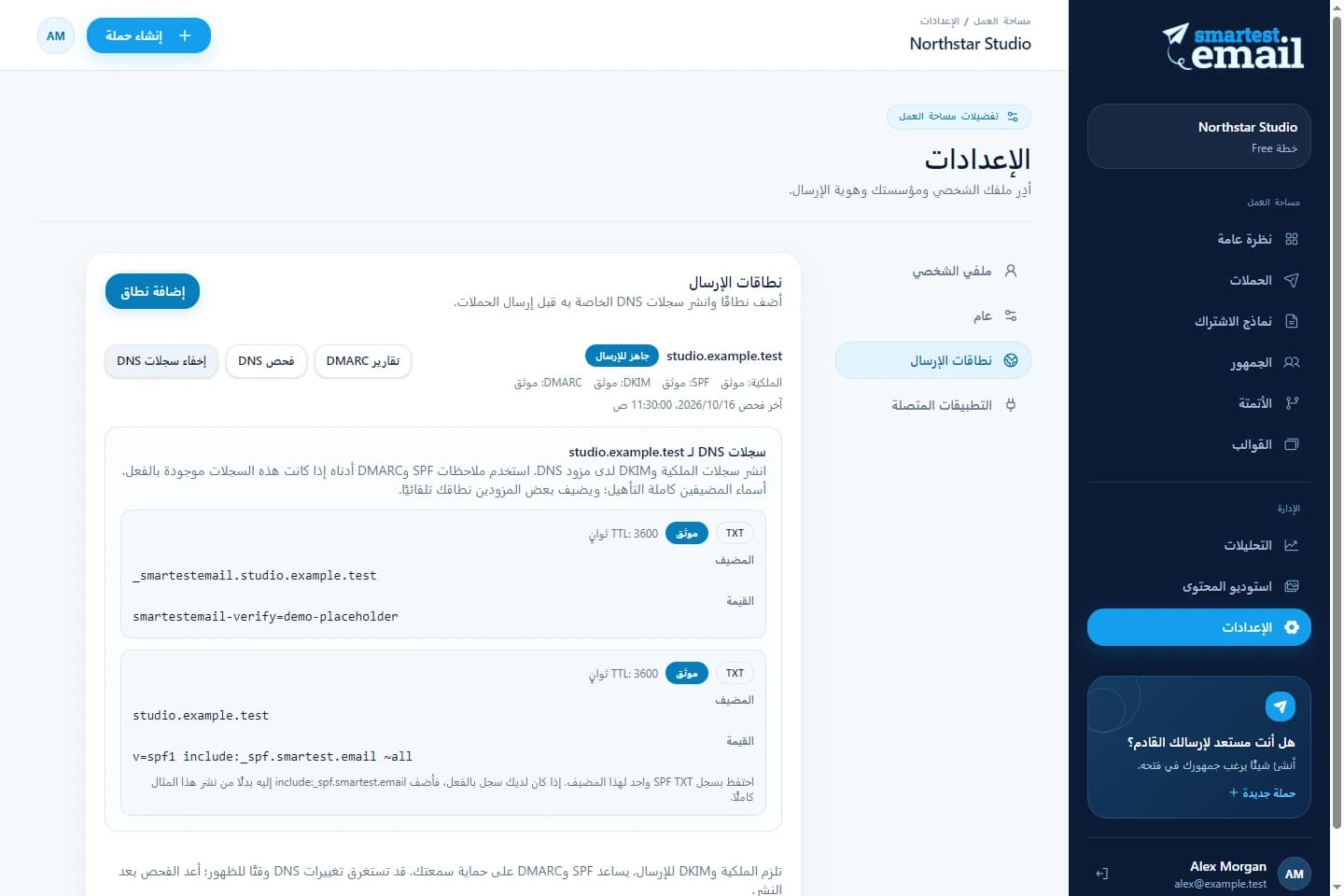 مساحة نطاقات الإرسال في smartest.email مع تفاصيل تحقق نموذجية