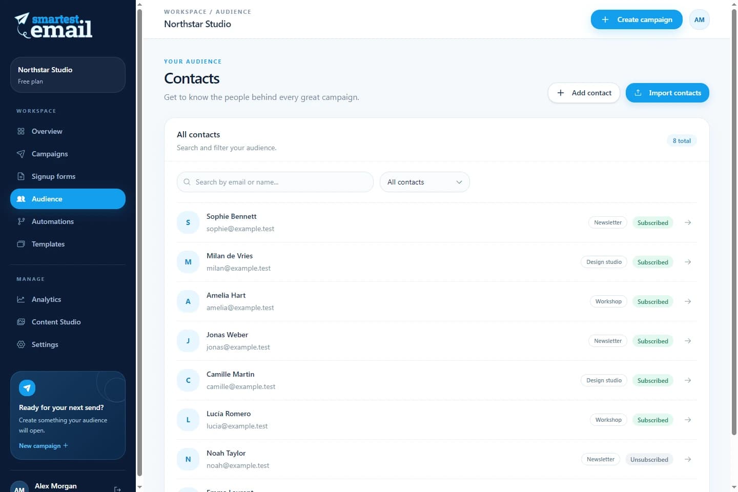 smartest.email contact workspace with example subscribers