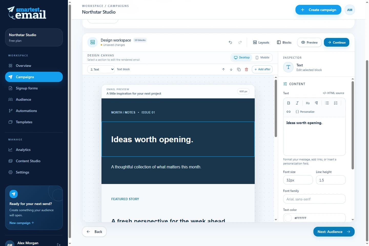 smartest.email campaign workspace with an example newsletter