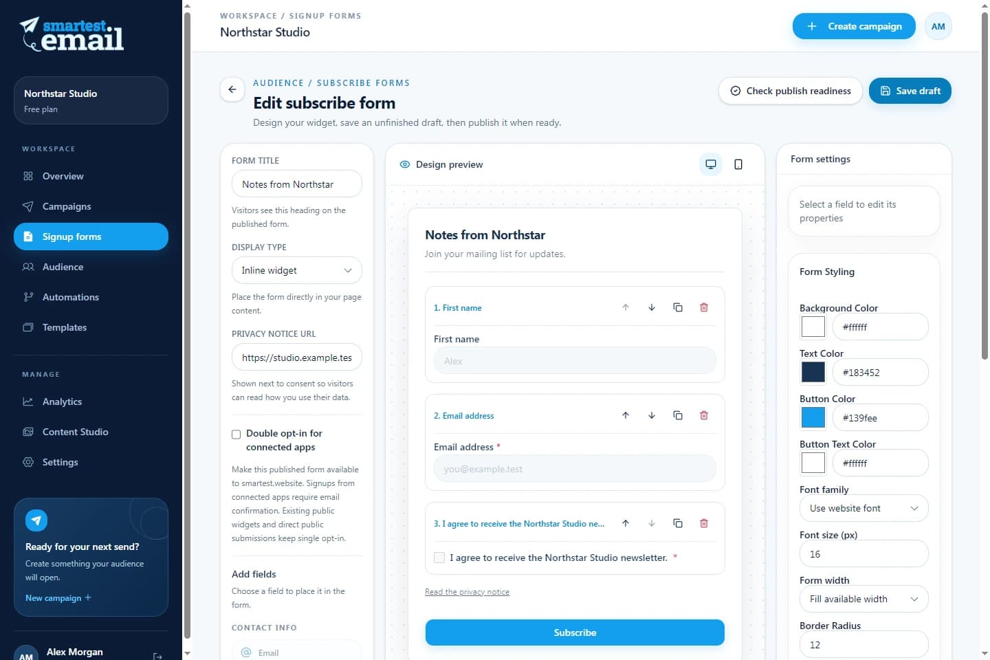 smartest.email signup form builder with an example newsletter form