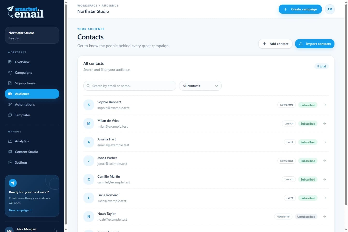 smartest.email contact workspace with example subscribers