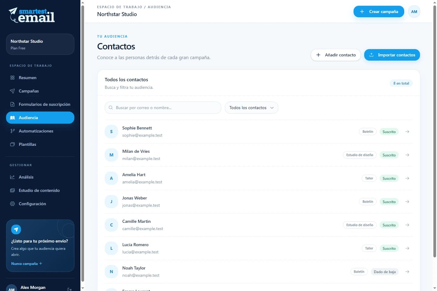 Espacio de contactos de smartest.email con suscriptores de ejemplo