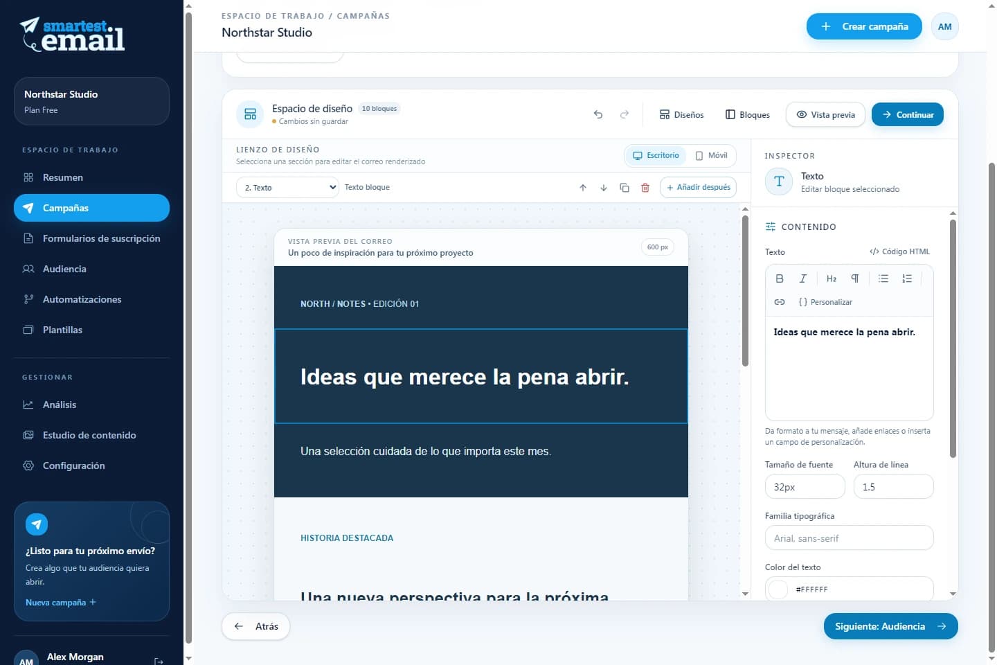 Espacio de campañas de smartest.email con una newsletter de ejemplo