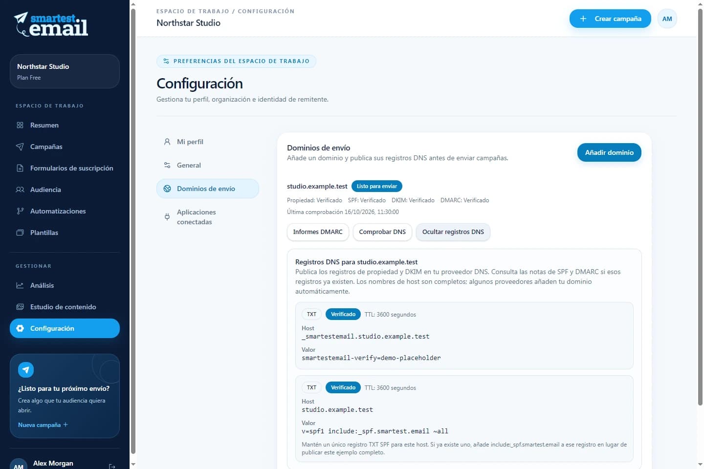 Espacio de dominios de envío de smartest.email con detalles de verificación de ejemplo