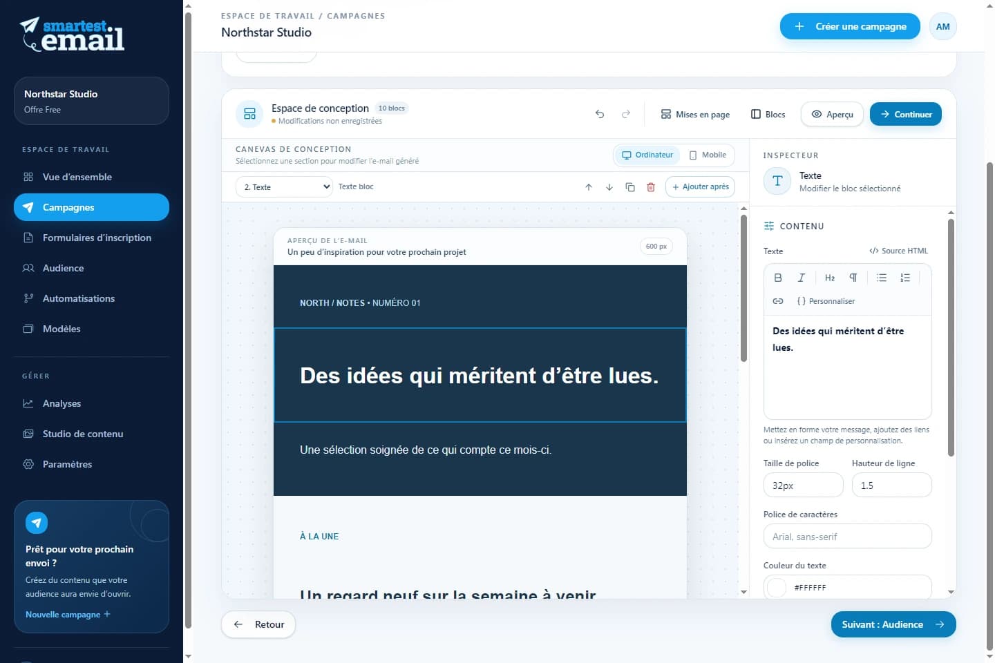 Espace de campagne de smartest.email avec un exemple de newsletter