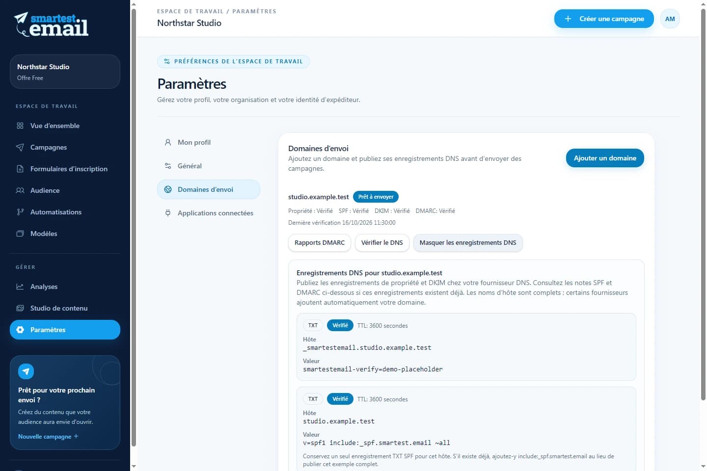 Espace des domaines d’envoi de smartest.email avec des exemples de vérification