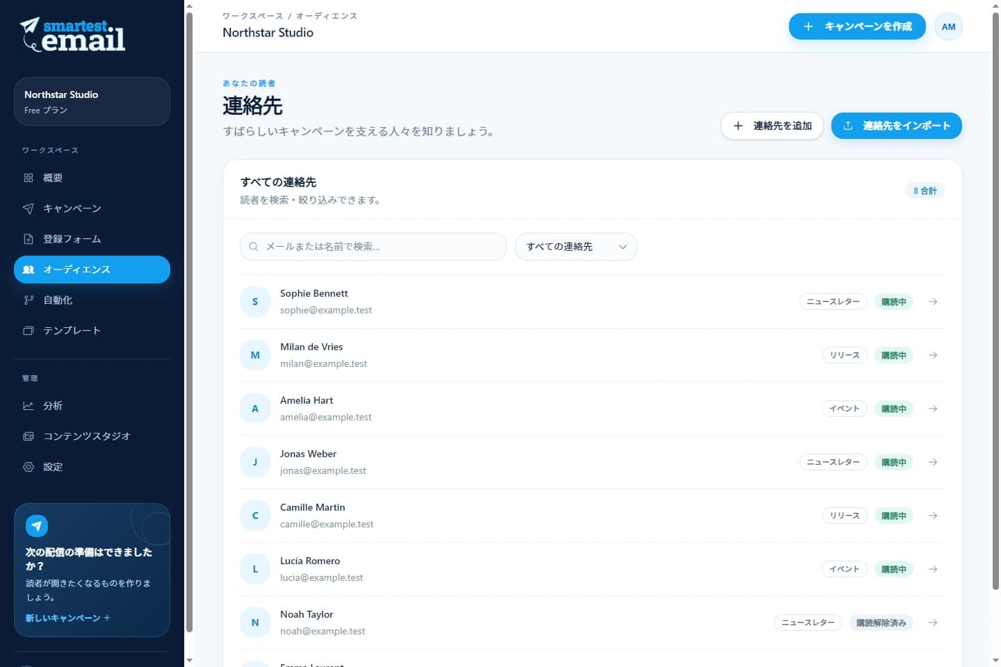 購読者の例を表示した smartest.email の連絡先ワークスペース