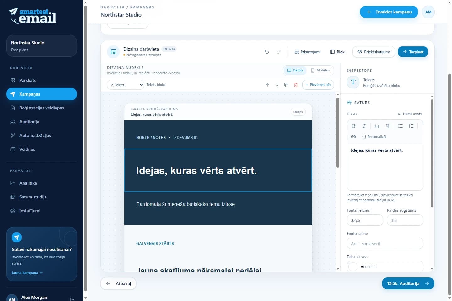 Smartest.email kampaņu darbvieta ar jaunumu vēstules piemēru