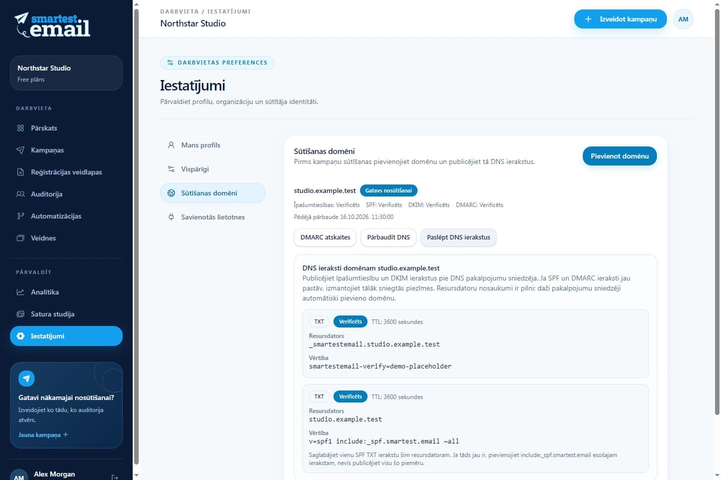 Smartest.email sūtīšanas domēnu darbvieta ar verifikācijas informācijas piemēru