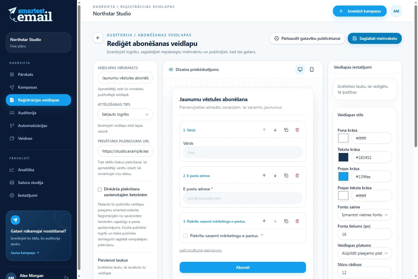 Smartest.email reģistrācijas veidlapu veidotājs ar jaunumu vēstules veidlapas piemēru