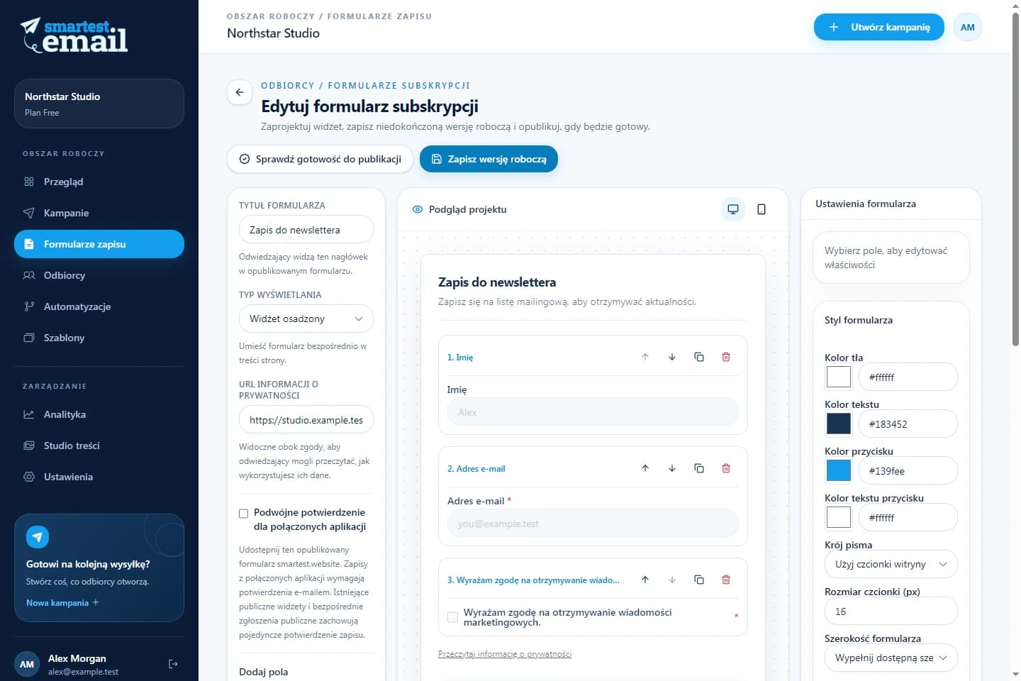 Kreator formularzy zapisu smartest.email z przykładowym formularzem newslettera