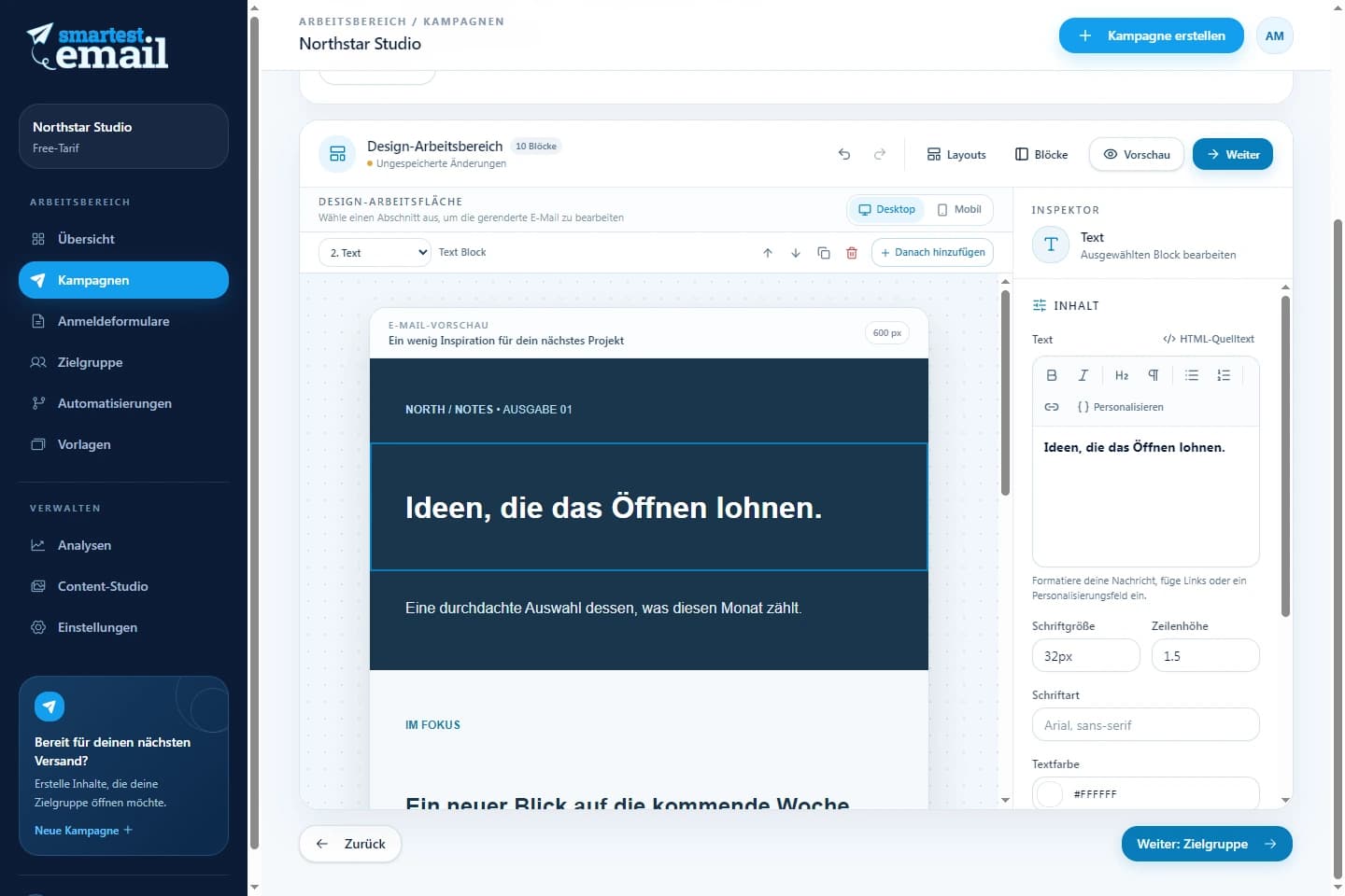 Kampagnenbereich von smartest.email mit einem Beispielnewsletter