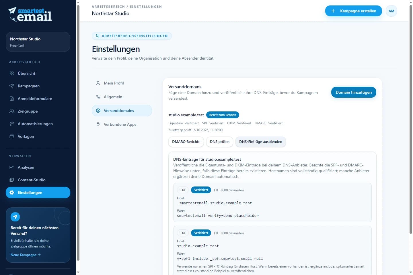 Versanddomainbereich von smartest.email mit beispielhaften Verifizierungsdetails
