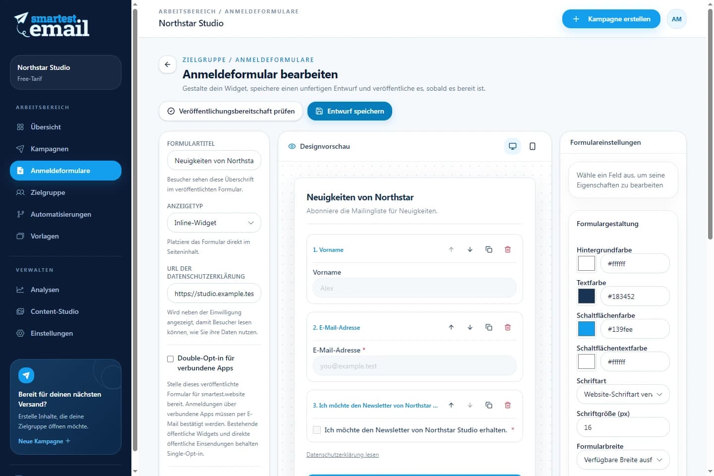 Formulareditor von smartest.email mit einem Beispielformular zur Newsletter-Anmeldung