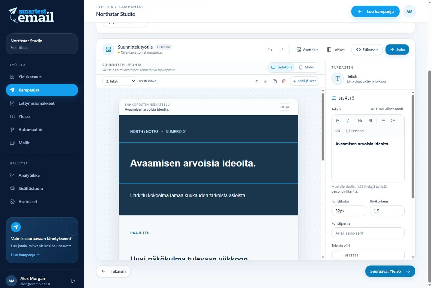smartest.emailin kampanjatyötila ja esimerkkiuutiskirje