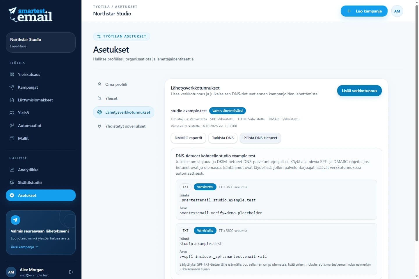 smartest.emailin lähetysverkkotunnustyötila ja esimerkkivahvistustiedot
