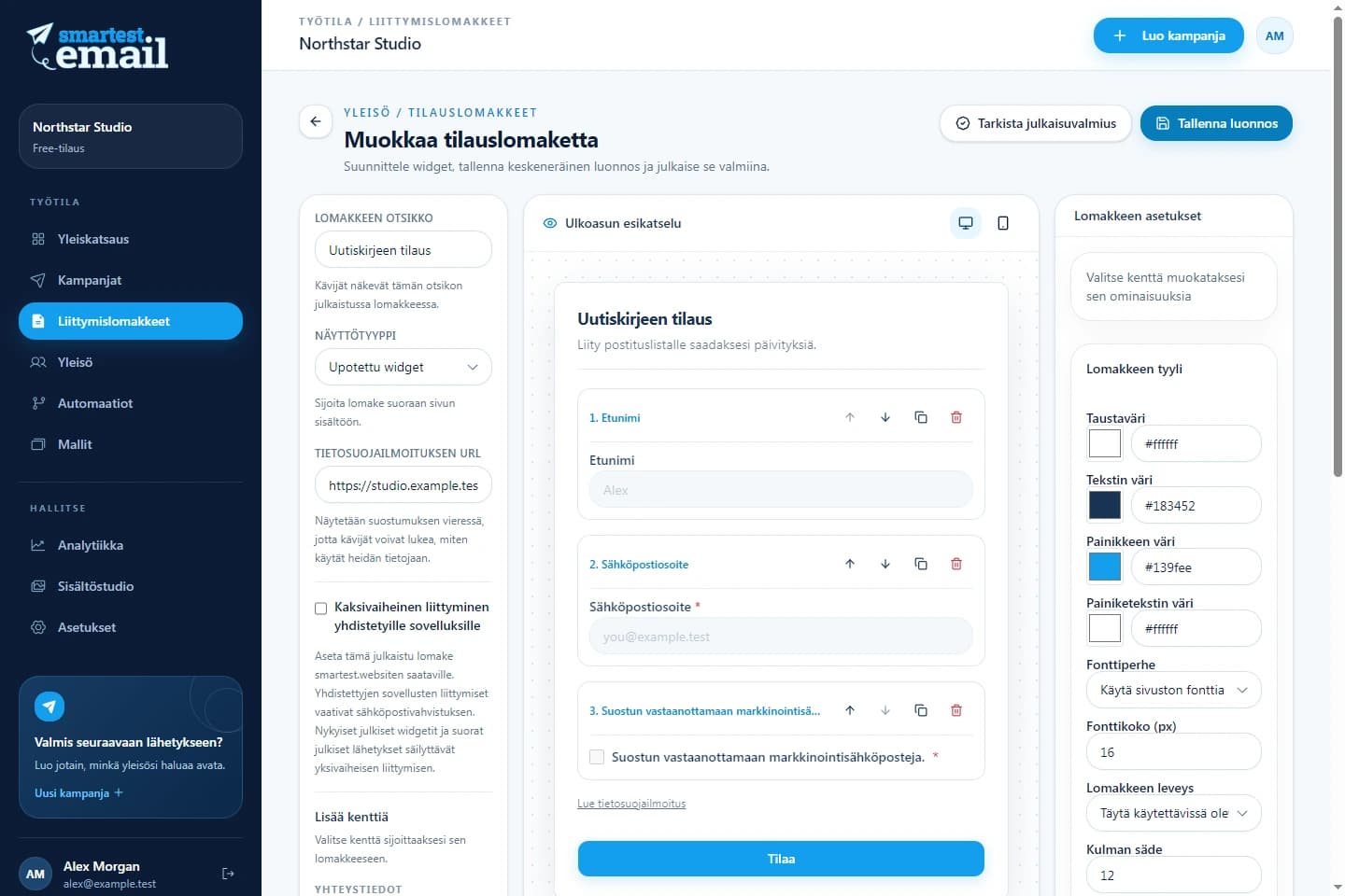 smartest.emailin liittymislomakerakentaja ja uutiskirjelomakkeen esimerkki