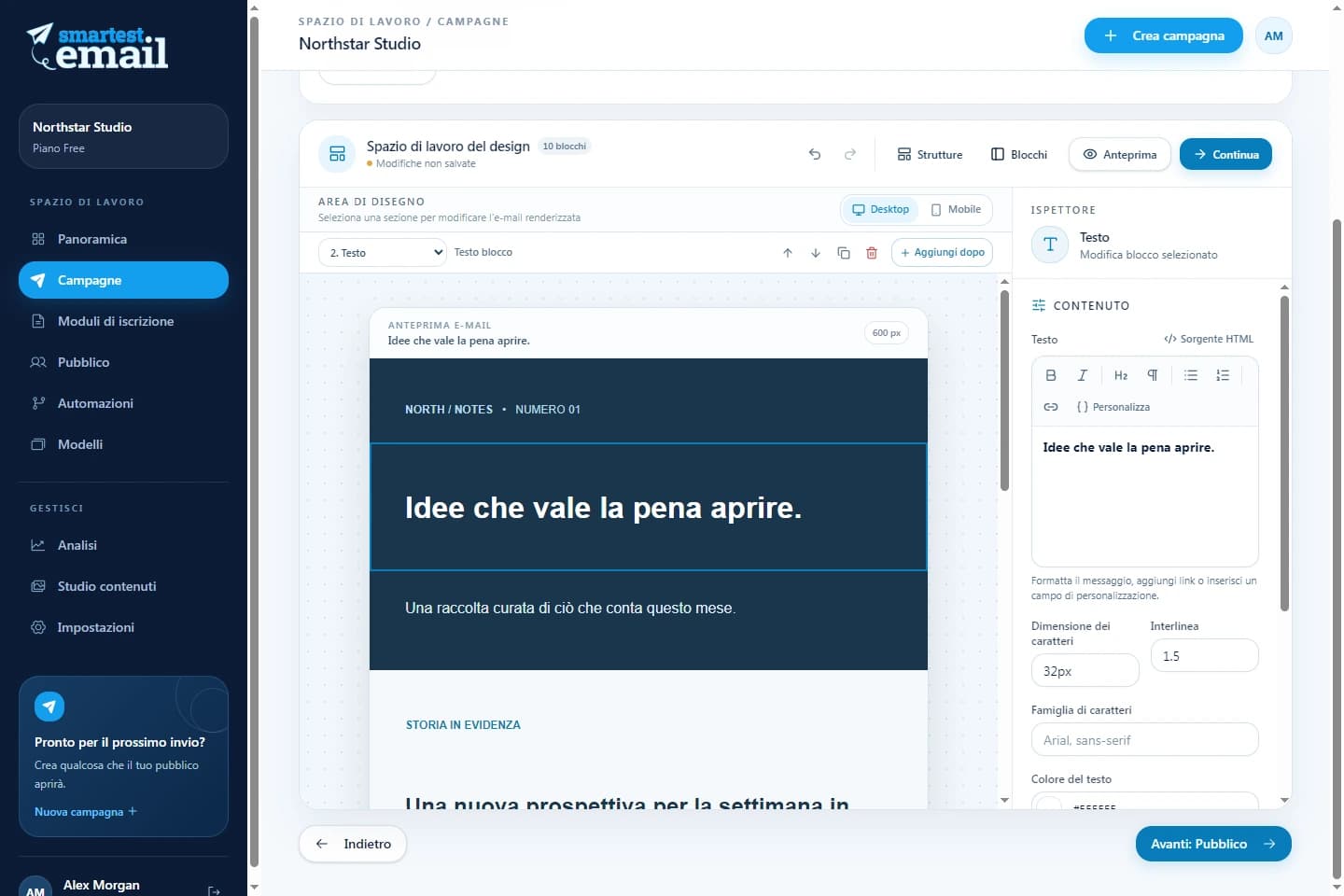 Spazio di lavoro delle campagne di smartest.email con una newsletter di esempio