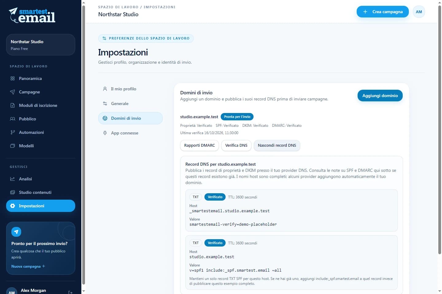 Spazio di lavoro dei domini di invio di smartest.email con dettagli di verifica di esempio