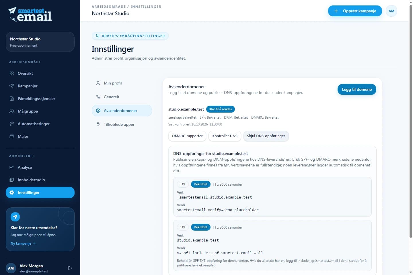 smartest.emails avsenderdomenearbeidsområde med eksempel på bekreftelsesdetaljer