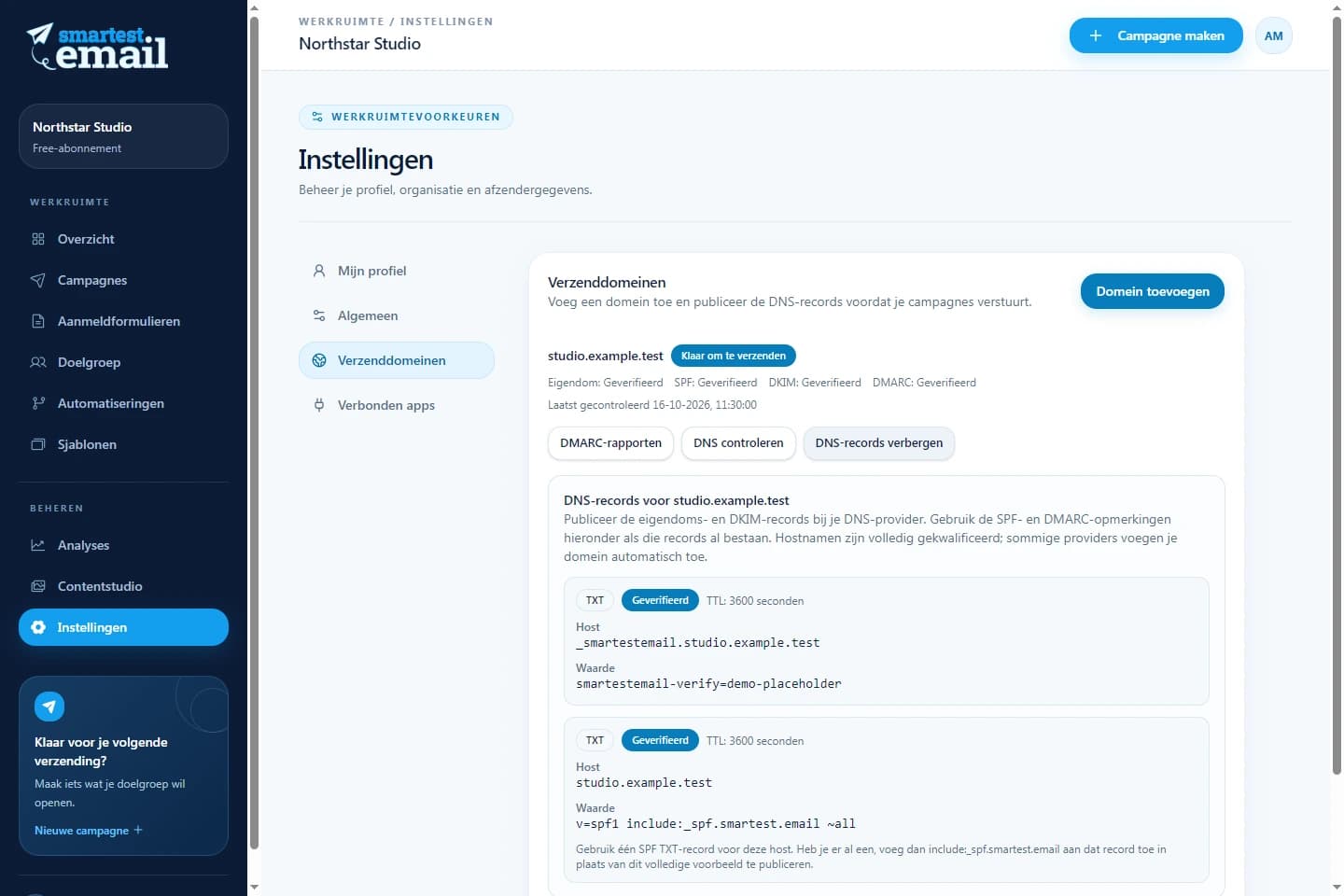 Werkruimte voor verzenddomeinen van smartest.email met voorbeeldgegevens voor verificatie