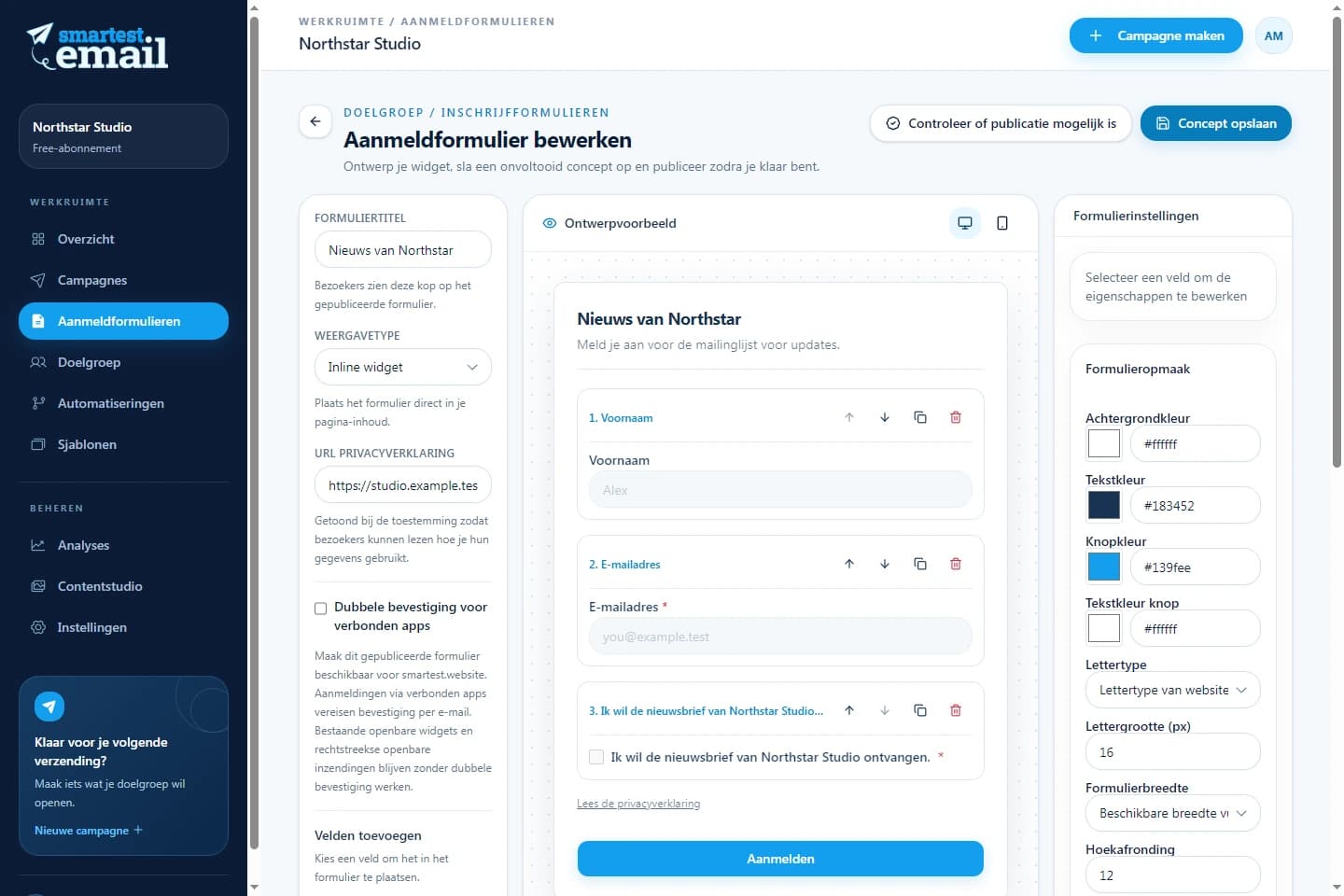 Aanmeldformulierbouwer van smartest.email met een voorbeeldformulier voor een nieuwsbrief