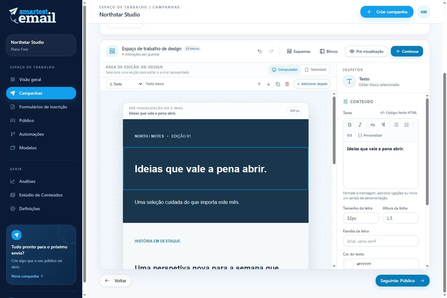 Espaço de trabalho de campanhas do smartest.email com uma newsletter de exemplo