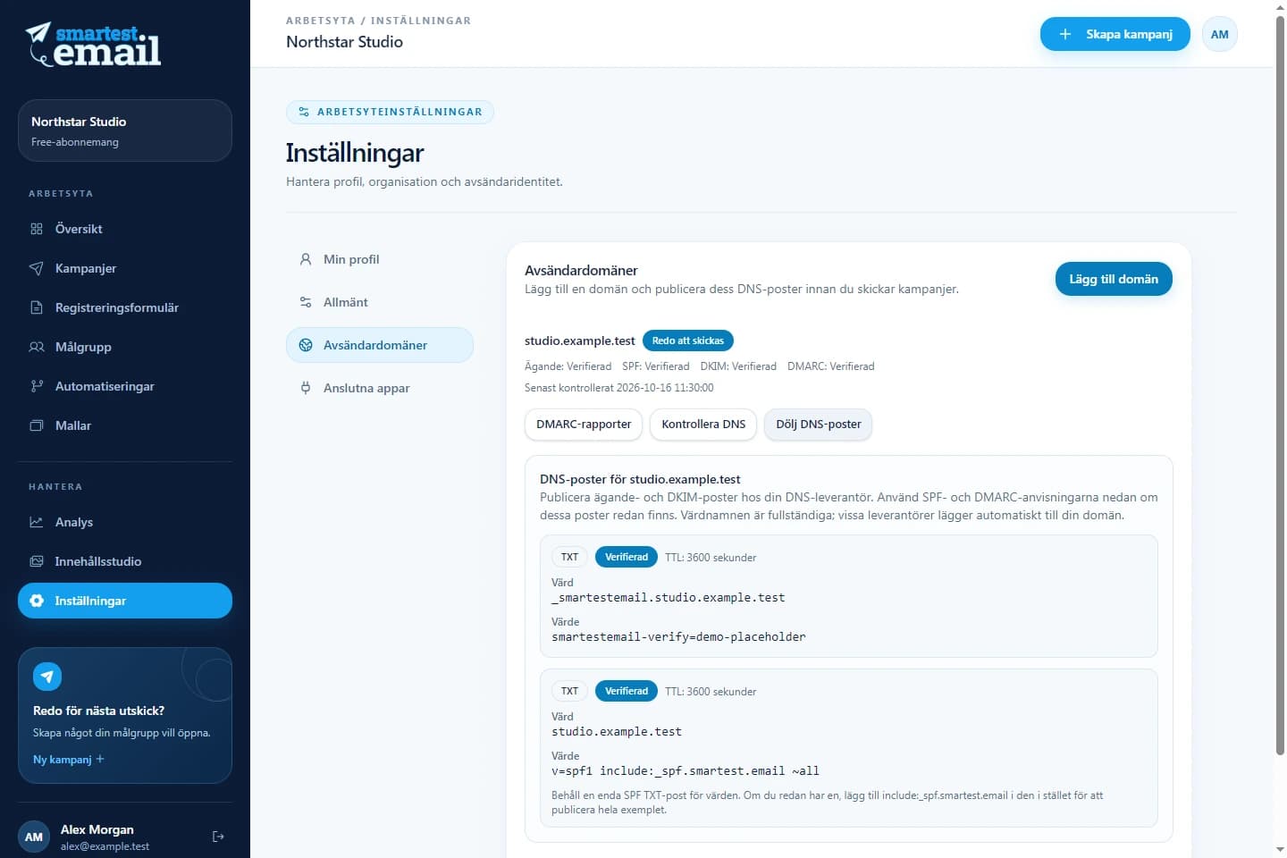 smartest.emails avsändardomänarbetsyta med exempel på verifieringsuppgifter