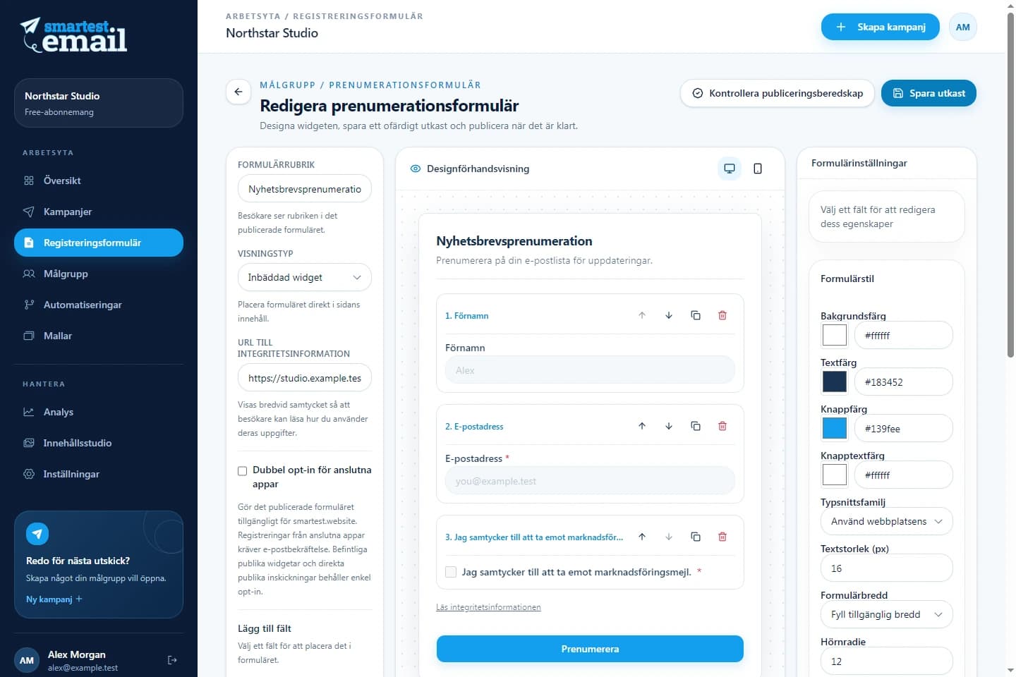 smartest.emails formulärbyggare med ett exempel på nyhetsbrevsformulär